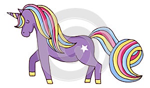 Cute fairytale pony with horn. Friendly cartoon character