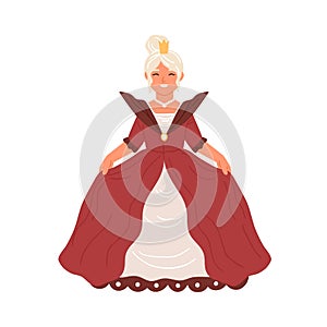 Cute fairytale princess isolated on white background. Adorable girl dressed in poofy red gown like queen for costumed