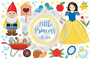 Cute fairytale princess snow white set objects. Collection design element with a little pretty girl, gnome, apple