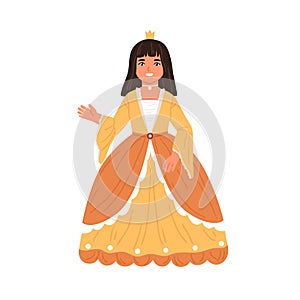 Cute fairytale princess waving hand. Little girl dressed in poufy gown like queen for costumed carnival, kids party