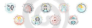 Cute Fairytale Round Sticker with Character Vector Set