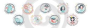 Cute Fairytale Round Sticker with Character Vector Set