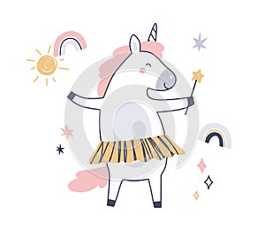 Cute fairytale unicorn, fairy baby animal with magic wand. Dream horse with horn in Scandinavian style. Happy little