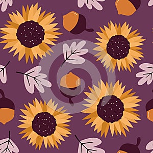 Cute abstract fall autumn season seamless vector pattern background illustration with beautiful acorns, leaves and sunflowers