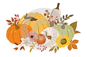 Cute fall color pumpkins, flowers and forest leaves clipart