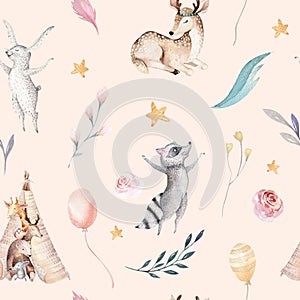 Cute family baby raccon, deer and bunny. animal nursery giraffe, and bear isolated illustration. Watercolor boho raccon