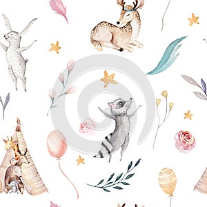 Cute family baby raccon, deer and bunny. animal nursery giraffe, and bear isolated illustration. Watercolor boho raccon