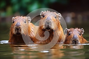 Cute family of capybaras swimming together in a tranquil pond. AI generated