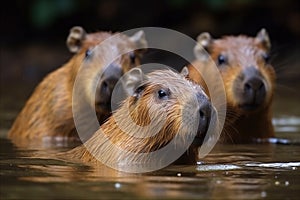 Cute family of capybaras swimming together in a tranquil pond. AI generated