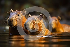 Cute family of capybaras swimming together in a tranquil pond. AI generated
