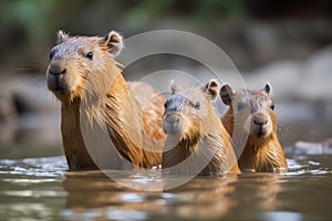 Cute family of capybaras swimming together in a tranquil pond. AI generated photo