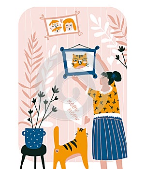 Cute family card in hand drawn style. Lovely cat and young woman.