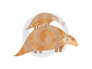 Cute Family of Pangolins, Mother Pangolin and Her Baby Who is Sitting on Her Back, Rare Species of Animals Vector photo