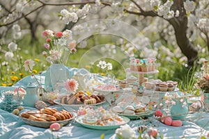 Cute family picnic set placed surrounded with cheery blossom blooming. AIG42.