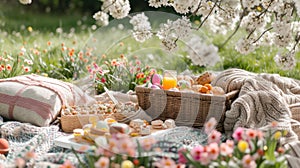 Cute family picnic set placed surrounded with cheery blossom blooming. AIG42.