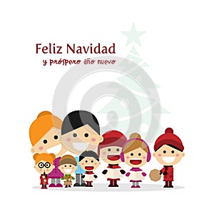 Cute family singing carols at Christmas Night with tree background. Spanish title