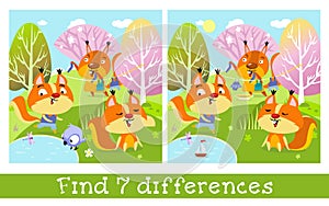 Cute family of squirrels in spring. Find 7 differences. Game for children. Hand drawn full color children illustration