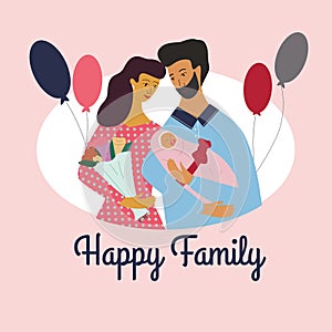 Cute family standing together, smiling and looking at newborn baby. Happy parenthood postcard, celebrating of new born child.