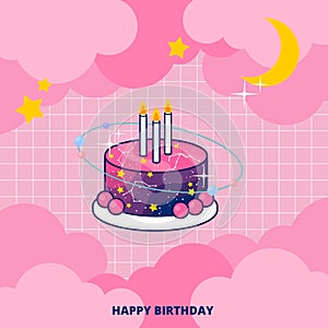 Cute fantasy galaxy birthday cake on pink background invitation card