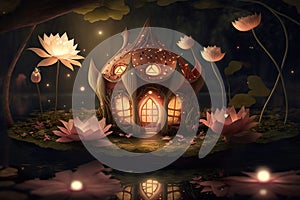 Cute Fantasy House. Fairy tale little cottage in magical forest