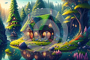 Cute fantasy house fairy tale little cottage in magical forest by AI Generated