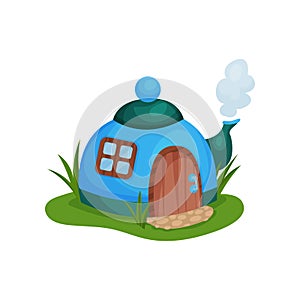 Cute fantasy house in form of blue teapot with little window and wooden door. Cartoon flat vector design for fairy tale