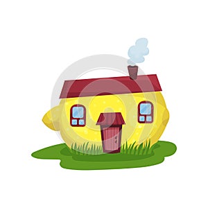 Cute fantasy house in form of yellow lemon. Fairy-tale home with wooden door and small windows. Colorful flat vector