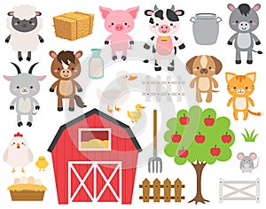 Cute farm animal cartoon set. Vector illustration. Adorable ranch animals clip art. Livestock characters flat style design.