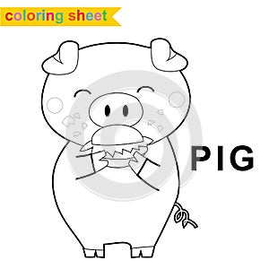 Cute farm animal easy coloring page. Cute and funny pig eating burger cartoon character.