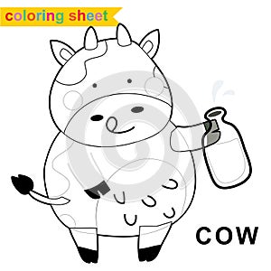 Cute farm animal easy coloring page for kids. Cute and funny cow holding a bottle of milk cartoon character.