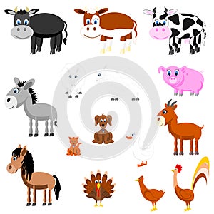 Cute Farm Animal Icon Set Collection of Cows, Donkey, Horse, Sheep, Pig, Goat, Turkey, Duck, Chickens, Dog and Cat