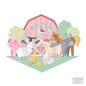 Cute farm animal kid set cow, pig, lamb, donkey, bunny, chick, horse, goat, duck isolated. Domestic animals composition