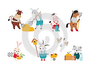 Cute Farm Animal on Ranch Engaged in Horticulture and Agriculture Vector Set