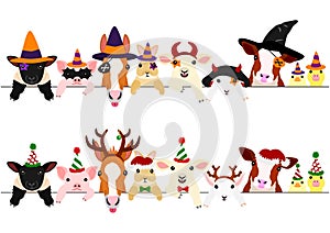 Cute farm animals border set, with Halloween costumes and with Christmas costumes