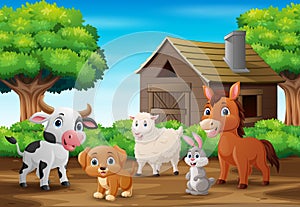 Cute farm animals cartoon in the farmyard