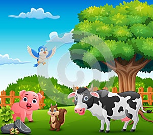 Cute farm animals cartoon in the jungle