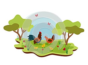 Cute farm animals chickens with spring landscape. vector cartoon illustration