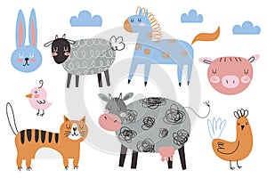 Cute farm animals collection, colored vector illustrations of cow, pig, sheep with textured effect. Colored doodle