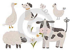 Cute farm animals collection, flat animal illustration, cow, sheep, chicken, dog, goose, butterfly and daisy. Cartoon
