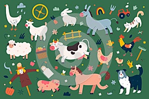 Cute farm animals collection, flat animal illustration, cow, sheep and rooster with face expressions, cartoon characters