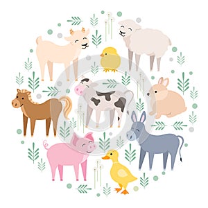 Cute farm animals cow, pig, lamb, donkey, bunny, chick, horse, goat, duck isolated. Domestic animals kid set in round