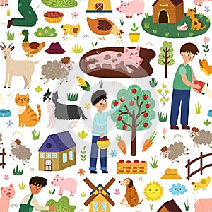 Cute farm animals seamless pattern. Pig in mud, boy gathering apples, sheep and other characters