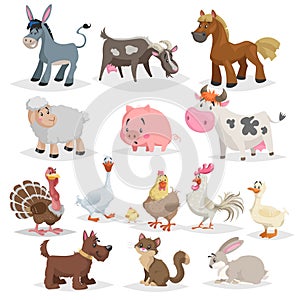 Cute farm animals set. Collection of cartoon vector drawings in flat style.