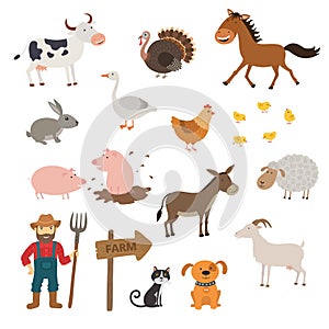 Cute Farm animals set in flat style isolated on white background. Cartoon farm animals.