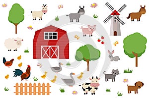 Cute farm animals set in flat style isolated on white background. Vector illustration