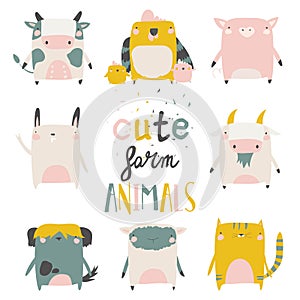 Cute farm animals set on white background. Vector illustration