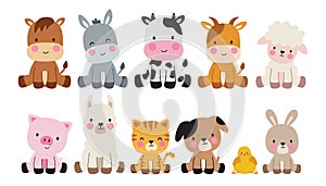 Cute Farm Animals Sitting Vector Illustration Set