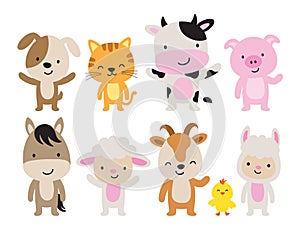 Cute Farm Animals in Standing Position Vector Illustration.