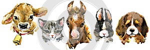 Cute farm baby animals watercolor set