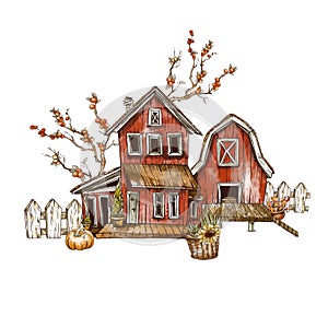 Cute farm house, Rustic vintage illustration on white